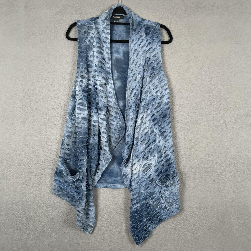 Kaktus Vest Womens L Blue Knit Open Pockets Stretch Mid-Length Relaxed